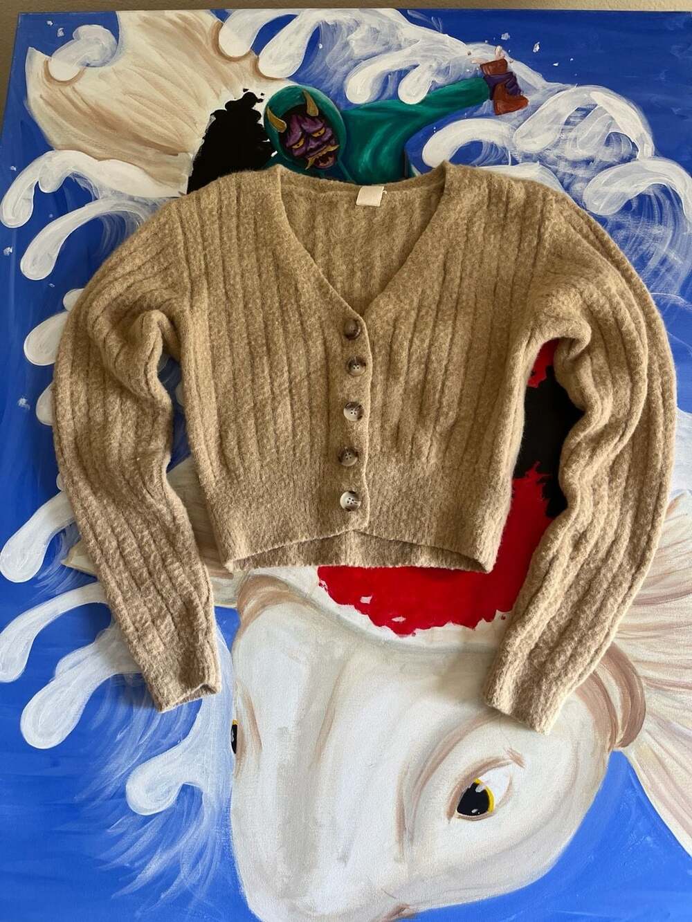 Urban Outfitters Fuzzy Ribbed Cropped Cardigan in Beige